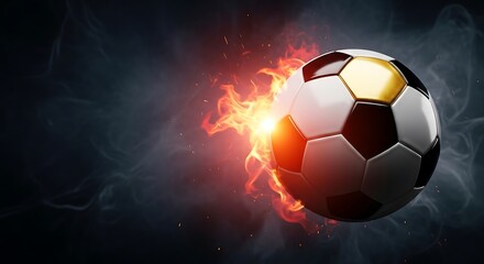 Fototapeta premium A soccer ball on fire with a dark background FIFA World Cup 2026, World Cup, World Cup 2026 with Soccer Ball, Vibrant Stadium, International Flags, Global Football Celebration