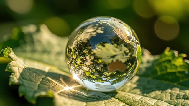 Glass globe on a green leaf with sun reflection