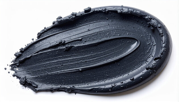 濃厚な黒色の炭クレイマスクのテクスチャ。滑らかなスワイプ跡とザラついた粒子感が共存する、白背景に映えるマットな質感のコスメスウォッチ。
