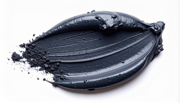 黒いクレイマスクの濃厚なテクスチャーと炭パウダーのディテールが際立つ白背景のコスメスウォッチ