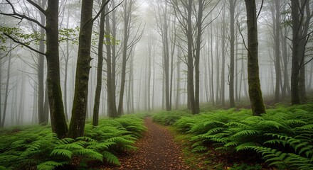 Fototapeta premium A misty forest path winds through tall trees with green moss and ferns. Sunlight filters through fog, creating a peaceful atmosphere. Perfect for nature themes, meditation, and outdoor adventure.