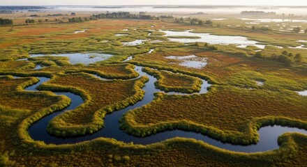 Naklejka premium Aerial view of a winding river through a grassy wetland