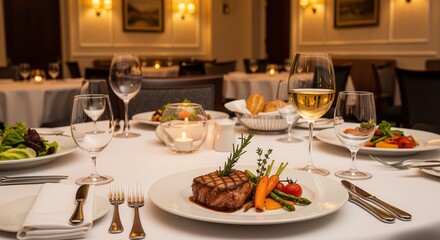 Fototapeta premium Elegant fine dining setup with grilled steak, roasted vegetables, and garnishes on white plate. Wine glasses, polished cutlery, and white napkins complete the sophisticated restaurant atmosphere.