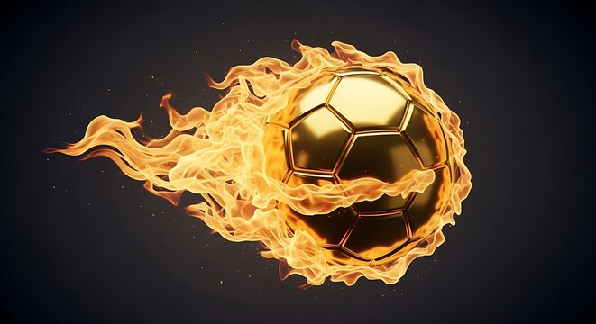 A gold soccer ball on fire with flames FIFA World Cup 2026, World Cup, World Cup 2026 with Soccer Ball, Vibrant Stadium, International Flags, Global Football Celebration