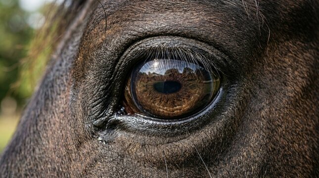 Close-up of a horse's brown eye with reflections, showing detail and texture.