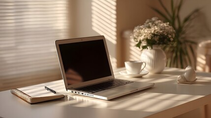 Fototapeta premium Minimal Home Office Setup With Laptop And Soft Daylight, copy soace. Concept: Remote Work, Productivity, Minimal Workspace, Home Office Lifestyle, Modern Work Environment