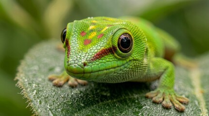 Fototapeta premium Green day gecko macro close up with detailed scales and eye contact tropical reptile portrait