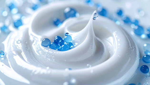 青い保湿マイクロカプセルを配合した濃厚な白いスキンケアクリームのテクスチャーと水滴の接写