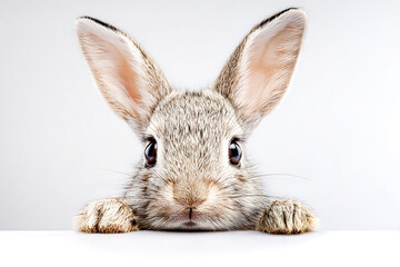 Obraz premium Rabbit peeking over a blank banner isolated on white background.