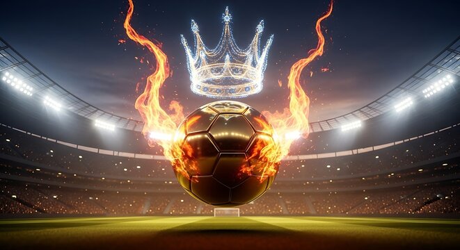 A soccer ball on fire with a crown above it in a stadium FIFA World Cup 2026, World Cup, World Cup 2026 with Soccer Ball, Vibrant Stadium, International Flags, Global Football Celebration