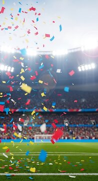 A soccer stadium with confetti falling from the sky, FIFA World Cup 2026, World Cup, World Cup 2026 with Soccer Ball, Vibrant Stadium, International Flags, Global Football Celebration
