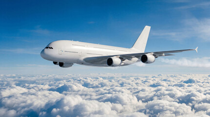 Obraz premium White airplane Airbus A380 double decker passenger aircraft flying side view in the blue sky above thick white clouds for airline advertisement and travel business promotion high resolution