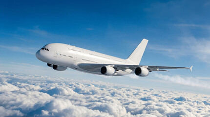 Fototapeta premium Dynamic angle of White airplane Airbus A380 flying during the day with beautiful cloudscape background for transportation logistics and global tourism concepts on white background plane