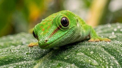 Fototapeta premium Green day gecko macro close up with detailed scales and eye contact tropical reptile portrait