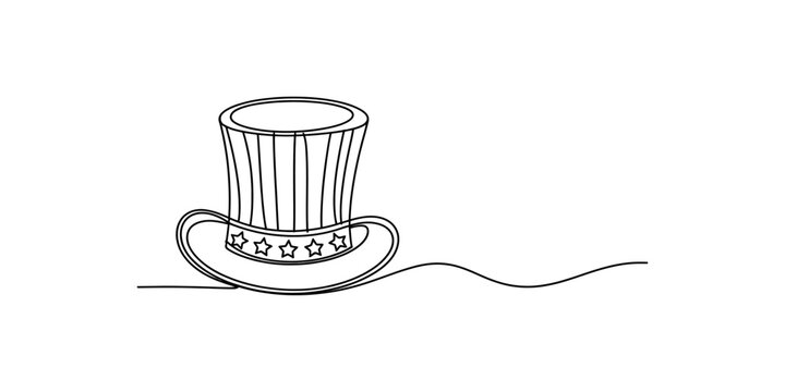 Continuous line drawing of an uncle sam top hat with stars and stripes for independence day