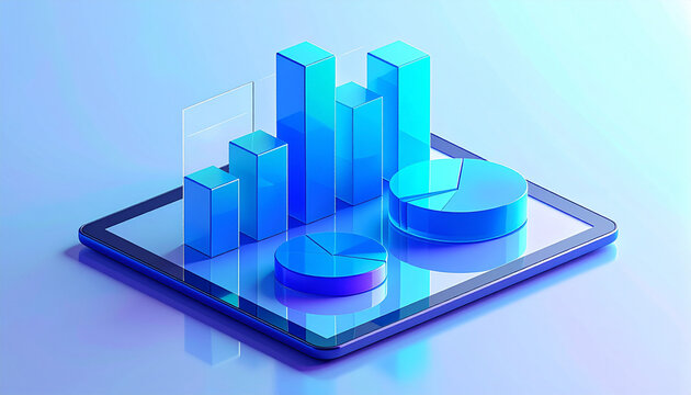 タブレット上に展開される青い3D棒グラフと円グラフのビジネスデータ分析コンセプト