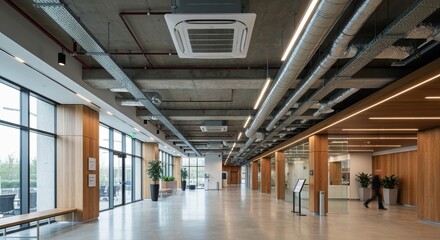 Obraz premium Contemporary Commercial Interior Design Featuring Exposed HVAC System in Modern Open Office Space