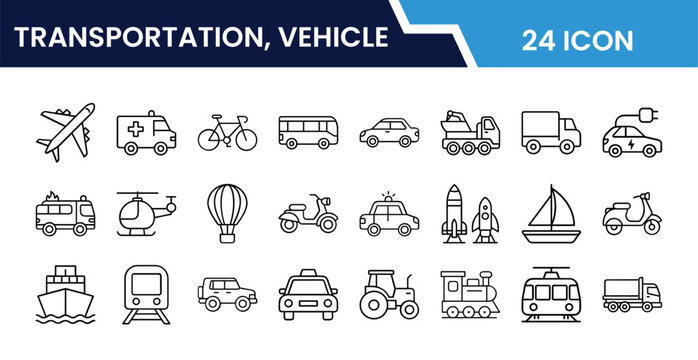 Outline Transportation and Vehicle Icon Set in Line Art Style for Car, Bus, Truck, Bike, Train, Airplane, Travel, and Digital Interface Design