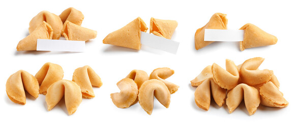 Naklejka premium Tasty fortune cookies with predictions isolated on white, set