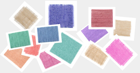 Fototapeta premium Pieces of natural burlap fabric in different colors on light grey background, set