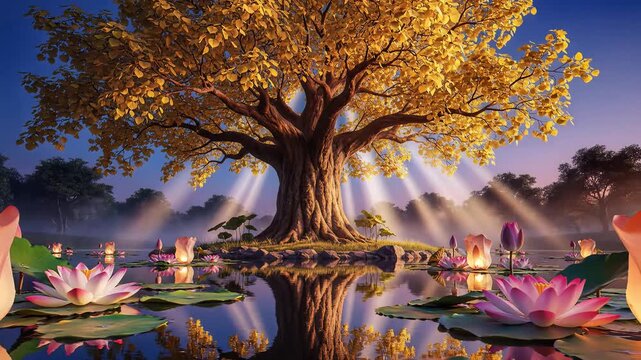 Buddha Purnima Celebration with Golden Bodhi Tree and Lotus Pond
