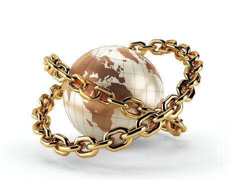 Gold chain encircling a globe showing world map representing global constraints