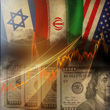  A conceptual story about a military confrontation in the Persian Gulf with the flags of Iran, Israel, the United States and the shells of $100 bills.