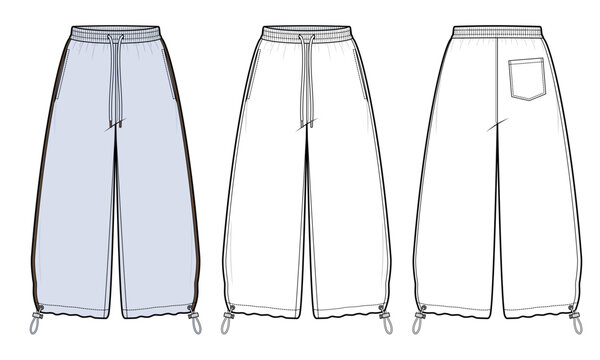 Wide-Leg Parachute Pants with Drawstring Waist and Adjustable Toggle Hem - Technical Illustration for Fashion Tech Pack Vector Flat