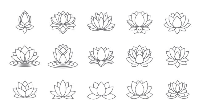 black and white outline icons of lotus flowers blooming, floating lotus, sacred Buddhist lotus symbolism, clean vector icons
