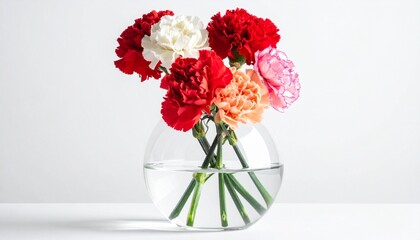 Obraz premium Carnations bouquet glass vase colorful vibrant floral minimalist decorative composition