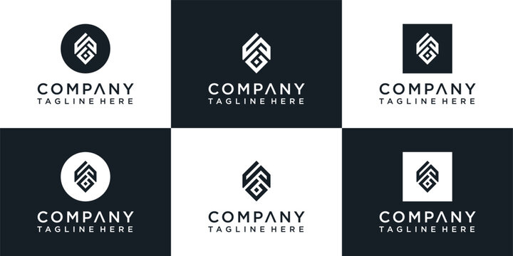 Collection of creative letter S and G initial logos within circular and shield shapes on contrasting white and black backgrounds