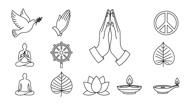 Black and white outline icons of peace doves, hands in prayer, peace symbols, Vesak spiritual peace theme vector icons