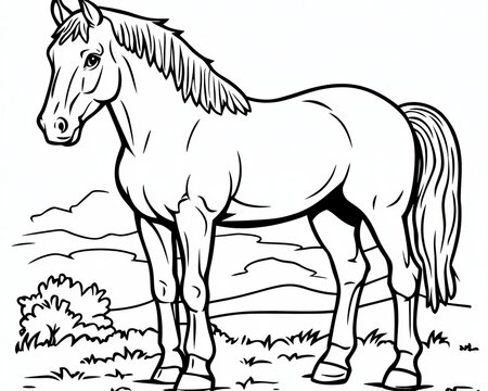 Elegant Line Drawing of a Horse in a Natural Environment with Clean Black Outline Design