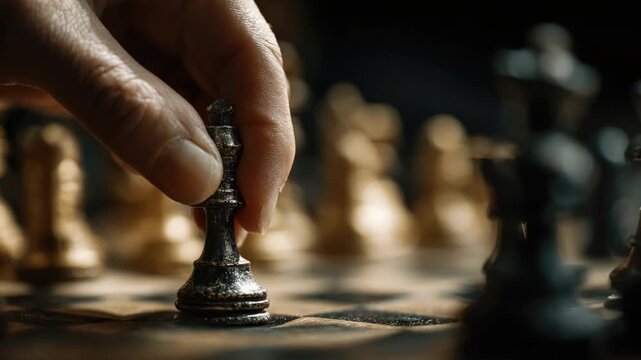 Chess Master's Move: A close-up shot captures the decisive moment as a hand carefully positions the queen chess piece on a chessboard, symbolizing strategy and intellect.