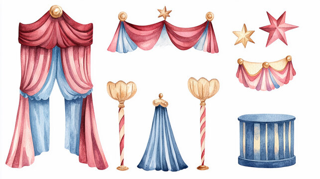 Watercolor circus stage elements including curtains drapery podium and decorations in red and blue tones isolated on white background. Generative AI