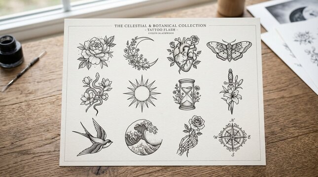 Fine Line Celestial And Botanical Tattoo Flash Sheet Featuring Minimalist Peony Moon Heart And Compass Designs