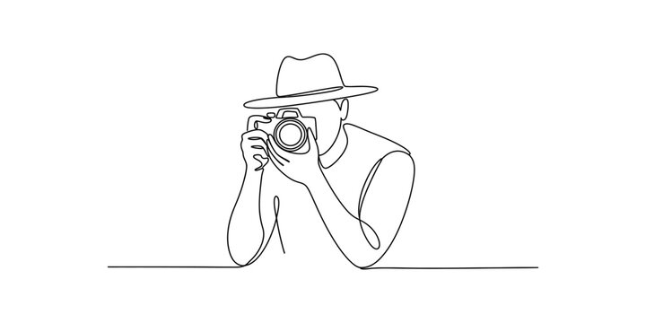 Continuous line drawing of a photographer wearing a hat while holding a professional camera