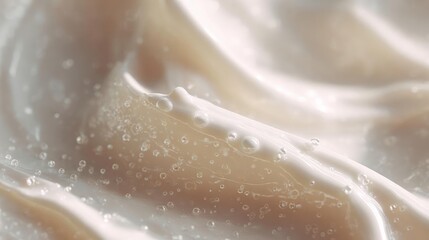 Obraz premium Close-up of a creamy white substance, which appears to be milk or cream. the texture of the substance is smooth and smooth, with small droplets of water scattered across it.
