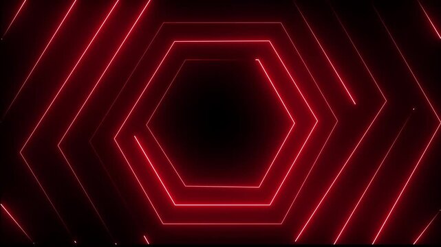 Neon laser lines motion graphic animation. Abstract futuristic light rays hexagon on black background.4k 