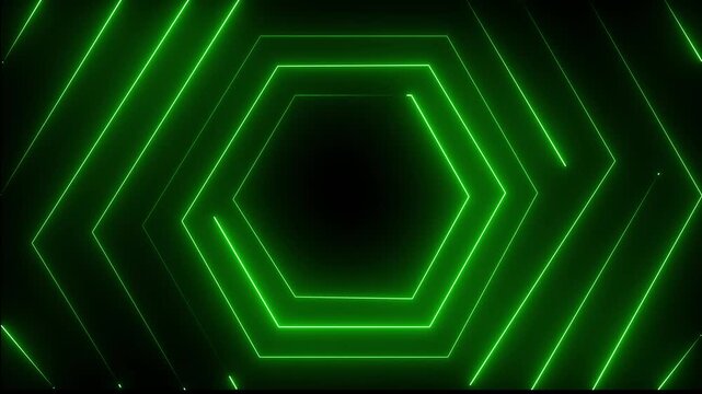 Neon laser lines motion graphic on green color animation. Abstract futuristic light rays hexagon on black background.
