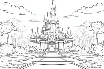 Fototapeta premium Majestic Fantasy Castle with Tall Spires, Grand Pathway, and Enchanting Surroundings in Detail