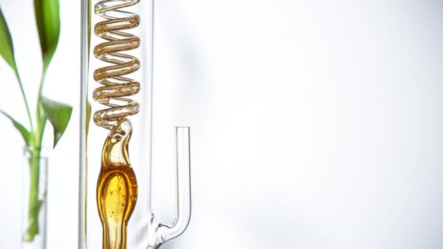 Getting natural oil from natural substances and flowers. Yellow oil flows in a spiral. Super slow motion filmed on high speed cinematic camera.