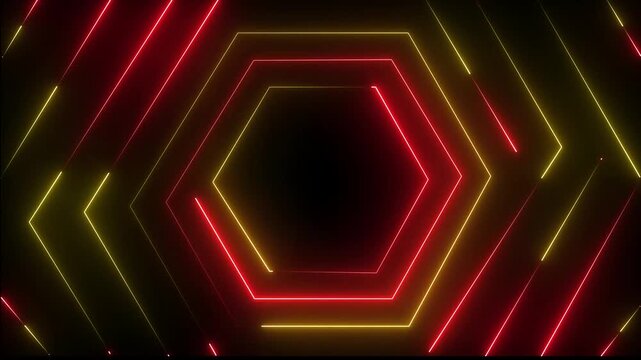 Neon laser lines motion graphic on red and yellow color animation. Abstract futuristic light rays hexagon on black background. Seamless looping video animation