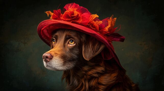 Elegant watercolor brown retriever wearing a red floral hat whimsical style
