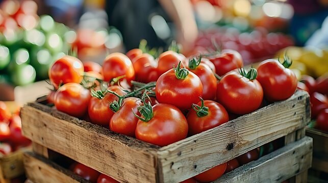 Ripe red tomatoes in a wooden crate displayed at a busy outdoor market.