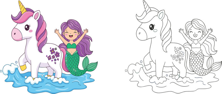  Cute cartoon mermaid and unicorn in sea waves including black and white coloring page version isolated on white background,