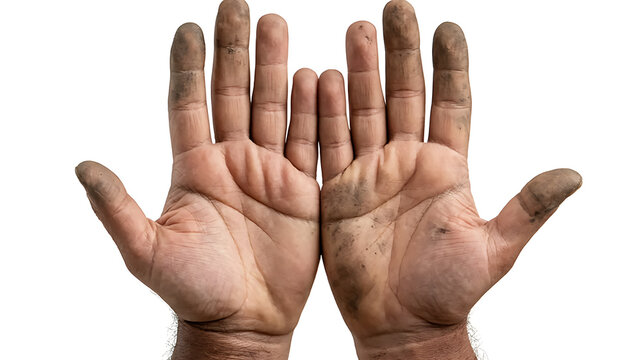 A close-up view of two aged hands with wrinkles and dirt showing the palms and fingers against a white background