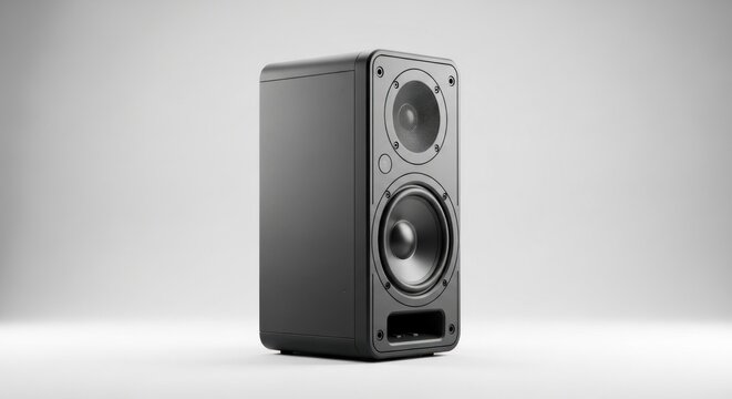 Modern black speaker cabinet with two drivers and bass reflex port, studio shot
