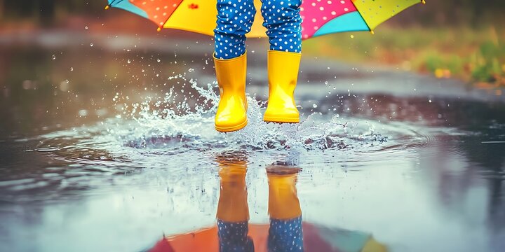 Child jumping joyfully in yellow boots, splashing in puddles during rainy day