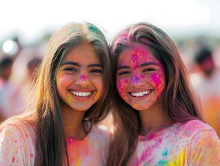 Fototapeta premium Two girls smiling, covered in vibrant colors, celebrating the joyous festival of Holi.